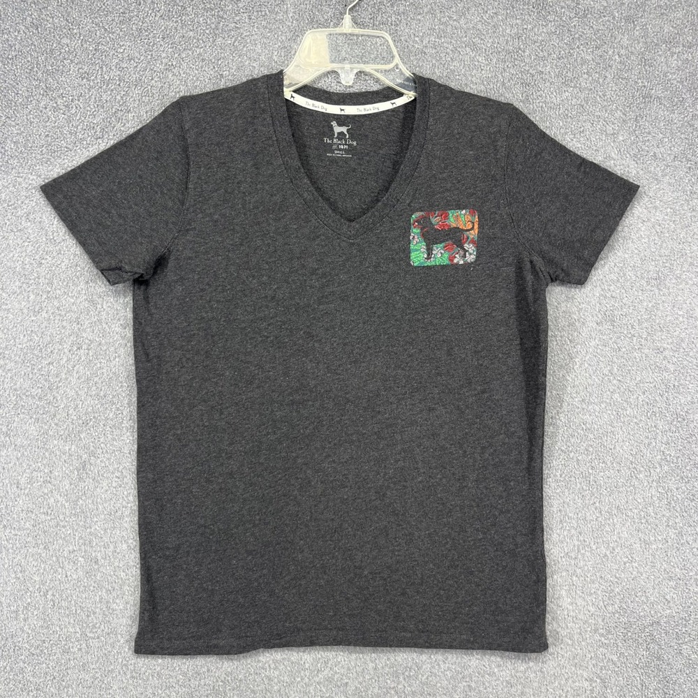 The Black Dog V-Neck Tee Women Small Gray Floral Graphic Martha's Vineyard Shirt